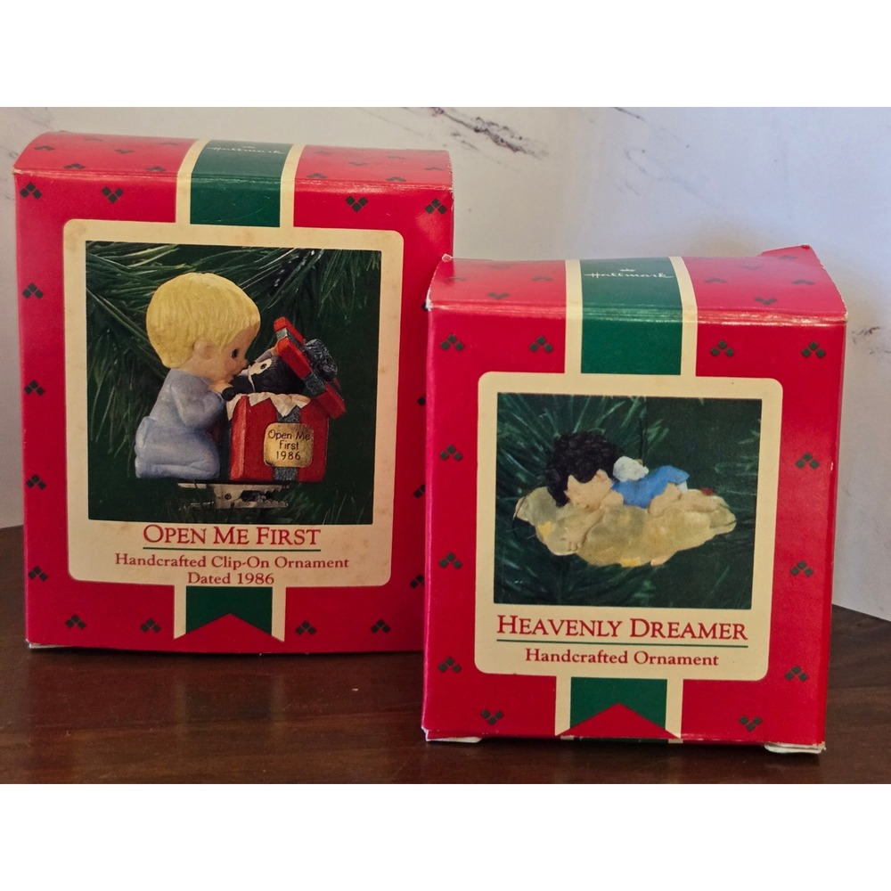 Vintage Hallmark Keepsake Ornaments Open Me First 1986 & Heavenly Dreamer Set